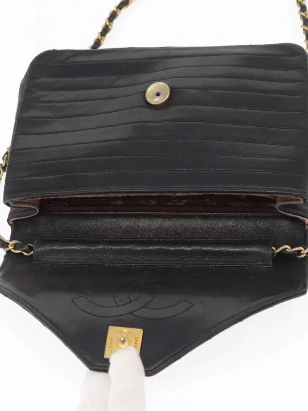 CHANEL Mademoiselle Chain Shoulder Bag Lamb Skin Black Gold CC Auth bs21196